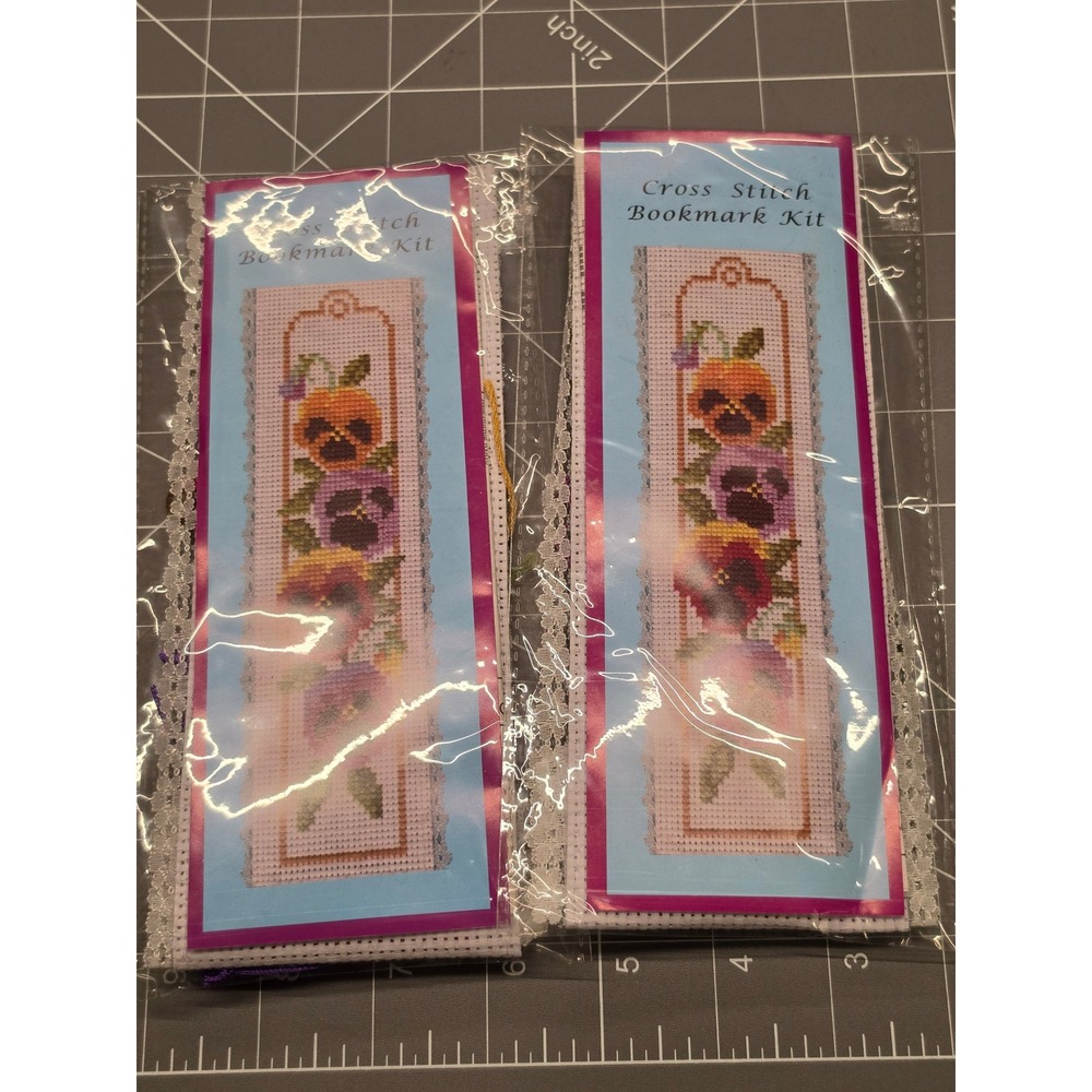 Set of 2 Pansy Floral Cross Stitch Bookmark Kits with Lace Edge 0301346